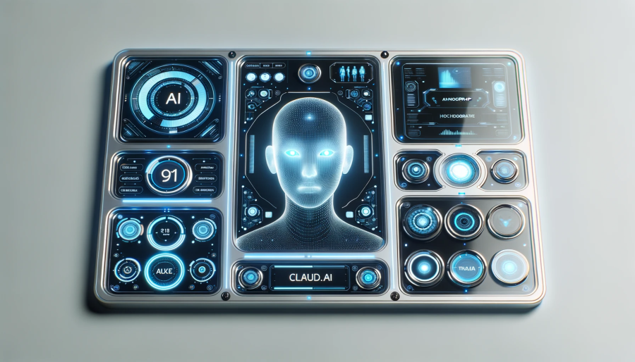 Photo of a sleek futuristic interface dashboard labeled 'Claude.ai', with glowing buttons, holographic displays, and touch-sensitive panels. The interface emanates a soft blue glow and has a humanoid face at its center, representing the anthropomorphized idea of Claude.ai.
